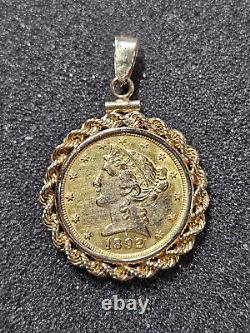 1892 Liberty Head Gold $5 Half-Eagle US Coin Pendant with14k Bezel 11.4 g Total