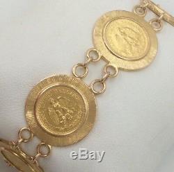 18K Yellow Gold Dos Peso 7 Coin Bracelet 18.6mm Wide 32.0 Grams