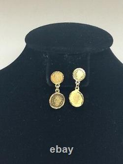 18K Yellow Gold Earrings Drop Down Dangle Coin Earrings 2.6 Grams