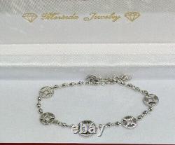 18k Solid White Gold 5 Lucky Coin Shiny Beaded Chain Bracelet. 4.31 Grams. 7