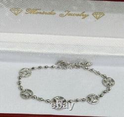 18k Solid White Gold 5 Lucky Coin Shiny Beaded Chain Bracelet. 4.31 Grams. 7