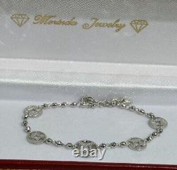 18k Solid White Gold 5 Lucky Coin Shiny Beaded Chain Bracelet. 4.31 Grams. 7