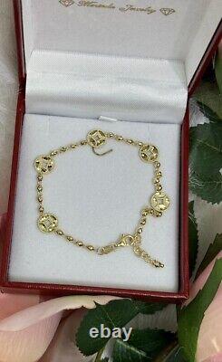 18k Solid Yellow Gold 5 Lucky Coin Shiny Beaded Chain Bracelet. 4.27 Grams. 7