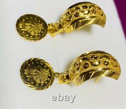 18k Solid Yellow Gold Dangle Coin Diamond Cut Earrings 6.05Grams