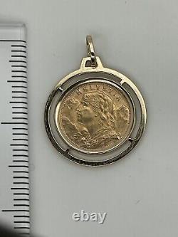 18k Yellow Gold Framed Swiss Helvetia 1947 20 franc Gold Coin Pendant 10.2 Grams