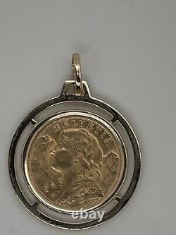 18k Yellow Gold Framed Swiss Helvetia 1947 20 franc Gold Coin Pendant 10.2 Grams