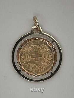 18k Yellow Gold Framed Swiss Helvetia 1947 20 franc Gold Coin Pendant 10.2 Grams