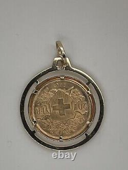 18k Yellow Gold Framed Swiss Helvetia 1947 20 franc Gold Coin Pendant 10.2 Grams