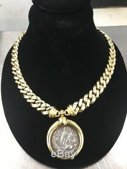 18k YellowithWhite Gold Cuban Link Necklace Chain Silver Coin Pendant 239.6 Grams