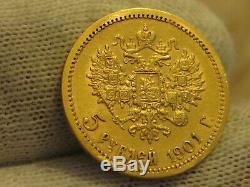 1901 Russia 5 Roubles Gold Coin, 4.3 grams 0.1245 AGW, Great Coin