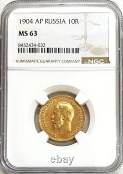 1904 Ap Gold 10r 8.6 Grams Nicholas II Coin Ngc Mint State 63