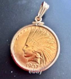 1907 $10 Gold Indian Head & Eagle Liberty Coin Set In 14kt Yg Pendant 20 Grams