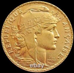 1907 Gold France 20 Francs 6.4516 Grams Rooster Paris Mint State Coin