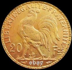 1907 Gold France 20 Francs 6.4516 Grams Rooster Paris Mint State Coin