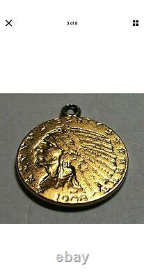 1908 $5 Gold Indian Head Half Eagle Coin, with soldered ring, 8.4 grams
