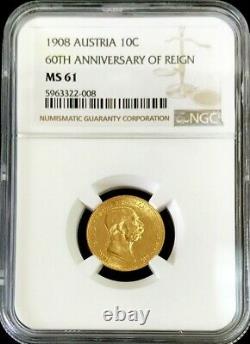 1908 Gold Austria 10 Corona 3.38 Grams 60th Anniversary Ngc Mint State 61