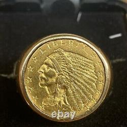 1909 $2 1/2 Dollar Gold Indian Head Coin Set in 14K Gold Ring Total 22.3grams