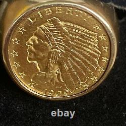 1909 $2 1/2 Dollar Gold Indian Head Coin Set in 14K Gold Ring Total 22.3grams