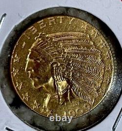 1909 D $5 Gold Indian With Scratches On Reverse