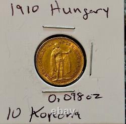 1910-KB HUNGARY Emperor Franz Joseph GOLD 10 Korona 0.098 AGW, 3.3875 Gr Of 90%