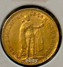 1910-KB HUNGARY Emperor Franz Joseph GOLD 10 Korona 0.098 AGW, 3.3875 Gr Of 90%