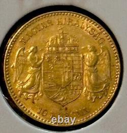 1910-KB HUNGARY Emperor Franz Joseph GOLD 10 Korona 0.098 AGW, 3.3875 Gr Of 90%