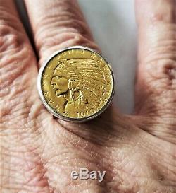 1910 US Gold Half Eagle $5 Five Dollar Indian Head Coin 14K Ring 34.8 Grams