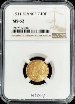 1911 Gold France 10 Francs 3.225 Grams Rooster Coin Paris Mint Ngc Mint State 62