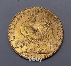 1912 Gold Coin 20 Twenty Francs Rooster French Mint Bullion 6.5 Grams