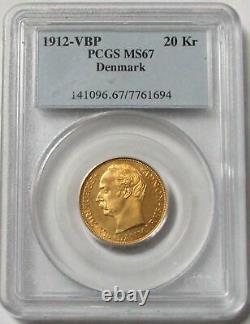 1912 Vbp Gold Denmark 8.96 Grams 20 Kroner Frederik VIII Rare Pcgs Mint State 67