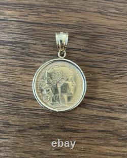 1914 French 20 Franc gold coin In 14k Solid Gold Bezel, Weighs 7.8g, Exc