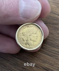 1914 French 20 Franc gold coin In 14k Solid Gold Bezel, Weighs 7.8g, Exc