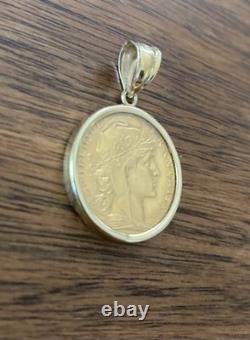 1914 French 20 Franc gold coin In 14k Solid Gold Bezel, Weighs 7.8g, Exc