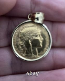 1914 French 20 Franc gold coin In 14k Solid Gold Bezel, Weighs 7.8g, Exc