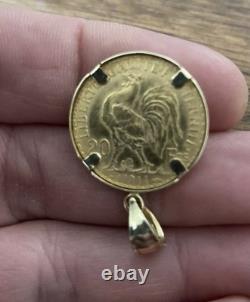 1914 French 20 Franc gold coin In 14k Solid Gold Bezel, Weighs 7.8g, Exc