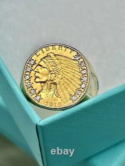 1915 $ 2.5 Indian Head Eagle Gold Coin Size 9.5 10K VS1 Diamond Ring 13 Grams