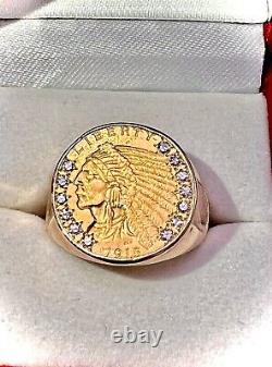 1915 $ 2.5 Indian Head Eagle Gold Coin Size 9.5 10K VS1 Diamond Ring 13 Grams