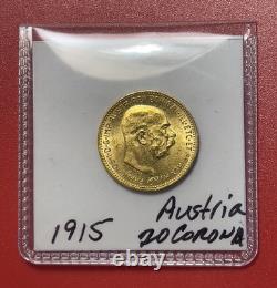 1915 Austria 20 Corona Gold Coin, AU/BU. 6.78 Grams. 1960 Oz. Of Gold
