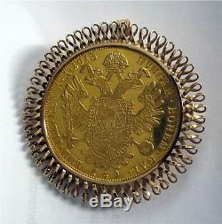 1915 Austria 4 Ducat Gold Coin Set in 14K Gold Bezel Brooch Pendant 23 grams