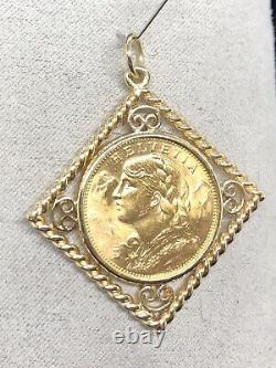 1915 B Helvetia 20 Francs Swiss Framed Pendant 14k Yellow Gold 11.3grams