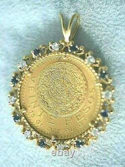 1921 VIENTE 20 PESOS. 90 Gold Coin 24 Gram Diamond Sapphire 14K Pendant Necklace