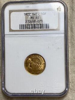 1922 B Gold Switzerland 10 Francs 3.225 Grams Helvetia Coin Ngc Ms 65