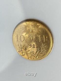 1922 B Gold Switzerland 10 Francs 3.225 Grams Helvetia Coin Ngc Ms 65