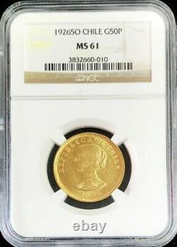 1926 So Gold Chile 50 Pesos 10.16 Grams Condor Coin Ngc Mint State 61