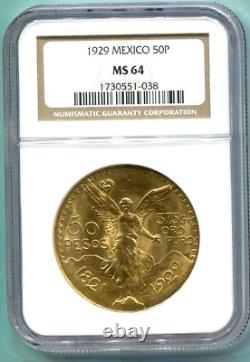 1929 MEXICO 50 PESOS 1.2 Oz. GOLD COIN NGC MS64 MS-64 Older Holder