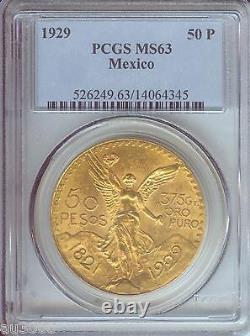 1929 MEXICO 50 PESOS 1.2 Oz. GOLD COIN PCGS MS63 MS-63 Older Holder