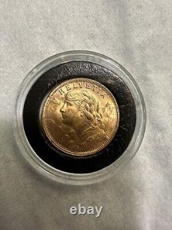 1935 B Gold Coin 20 Twenty Swiss Francs French Switzerland AU/BU Helvetia Stars