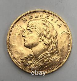 1935 B Gold Coin 20 Twenty Swiss Francs French Switzerland AU Helvetia Stars