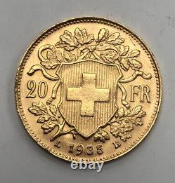 1935 B Gold Coin 20 Twenty Swiss Francs French Switzerland AU Helvetia Stars