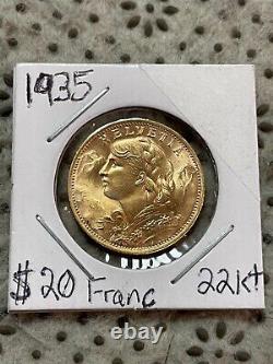 1935 Gold Coin 20 Francs French AU Helvetia Coin 22KT (Twenty Francs Gold Piece)